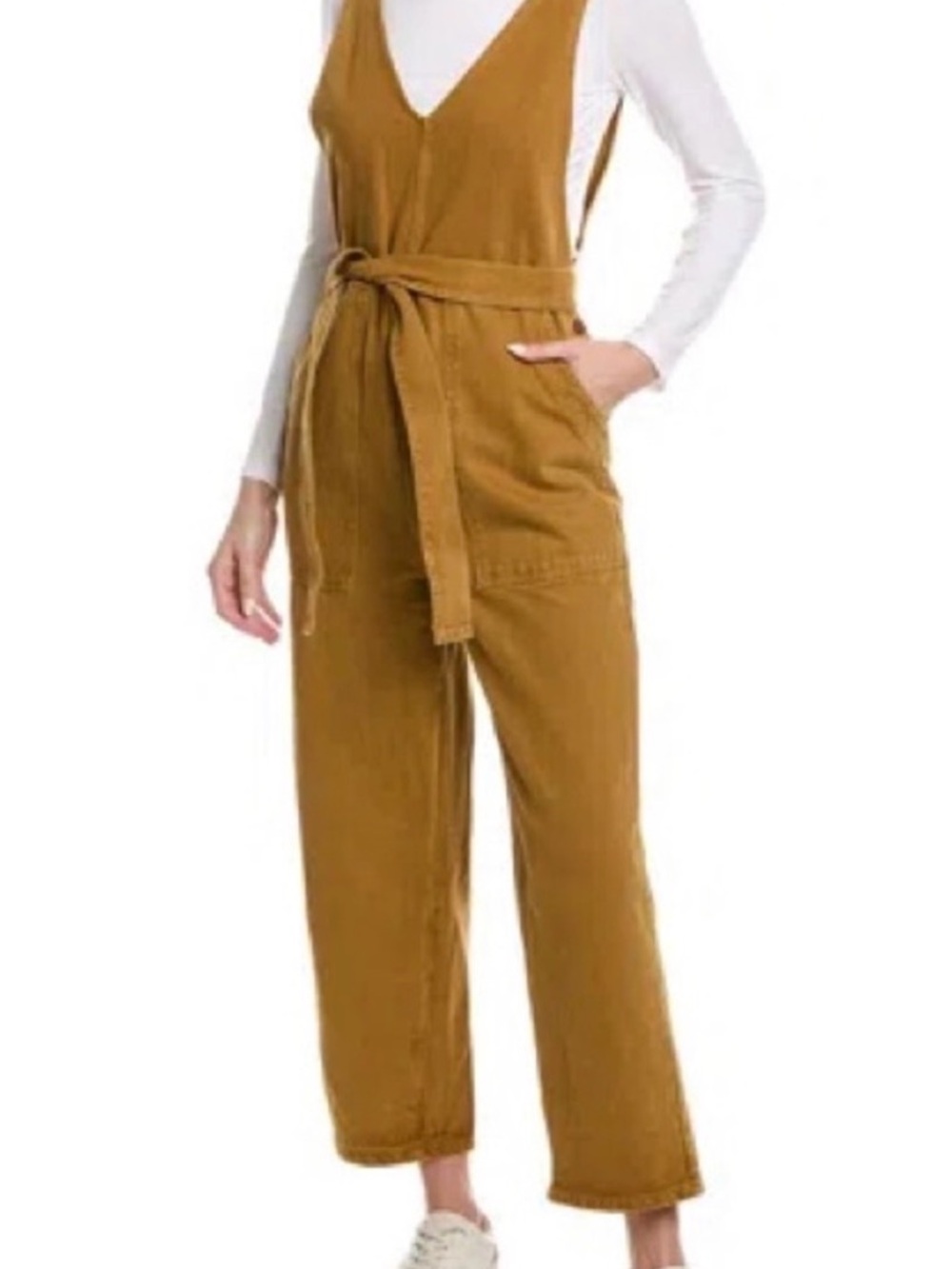 Sleeveless V-Neck Belted Jumpsuit in Mustard
